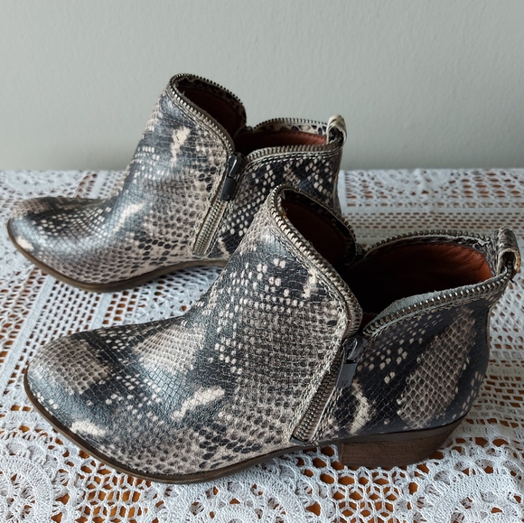 LUCKY BRAND Leather Ankle Snakeskin Bootie Double Zipper Stacked Block Heel Sz 8 - Picture 11 of 14